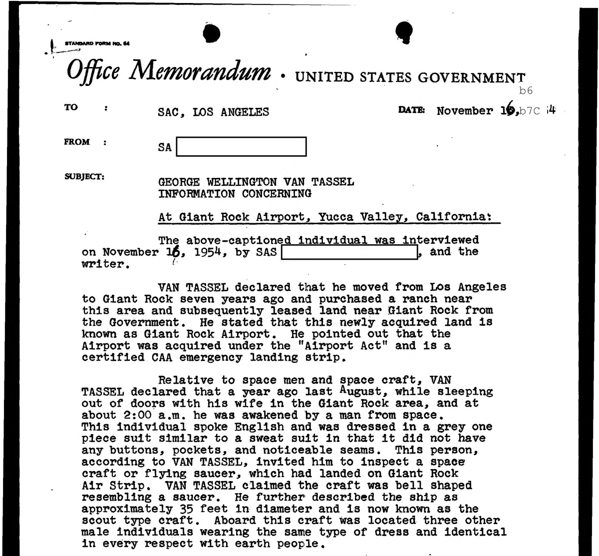 A typed page headed Office Memorandum, United States Government, to SAC Los Angeles, subject George Wellington Van Tassel, with paragraphs describing a man from space and a bell-shaped craft about 35 feet across; agent names are blacked out.