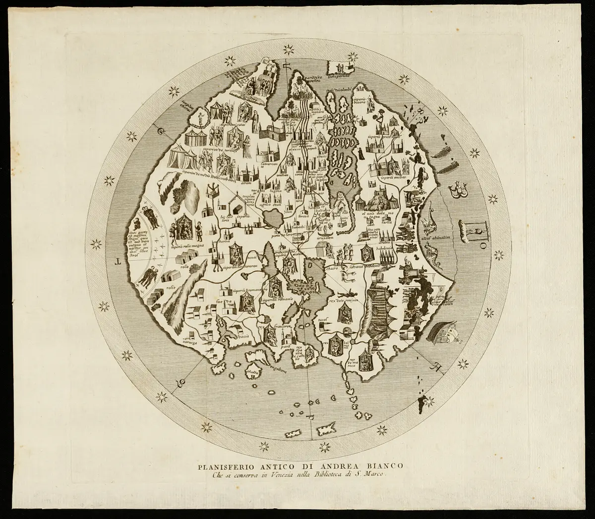 An engraved copy of Andrea Bianco's world map of 1436: a round map of Europe, Africa and Asia with islands in the western ocean.