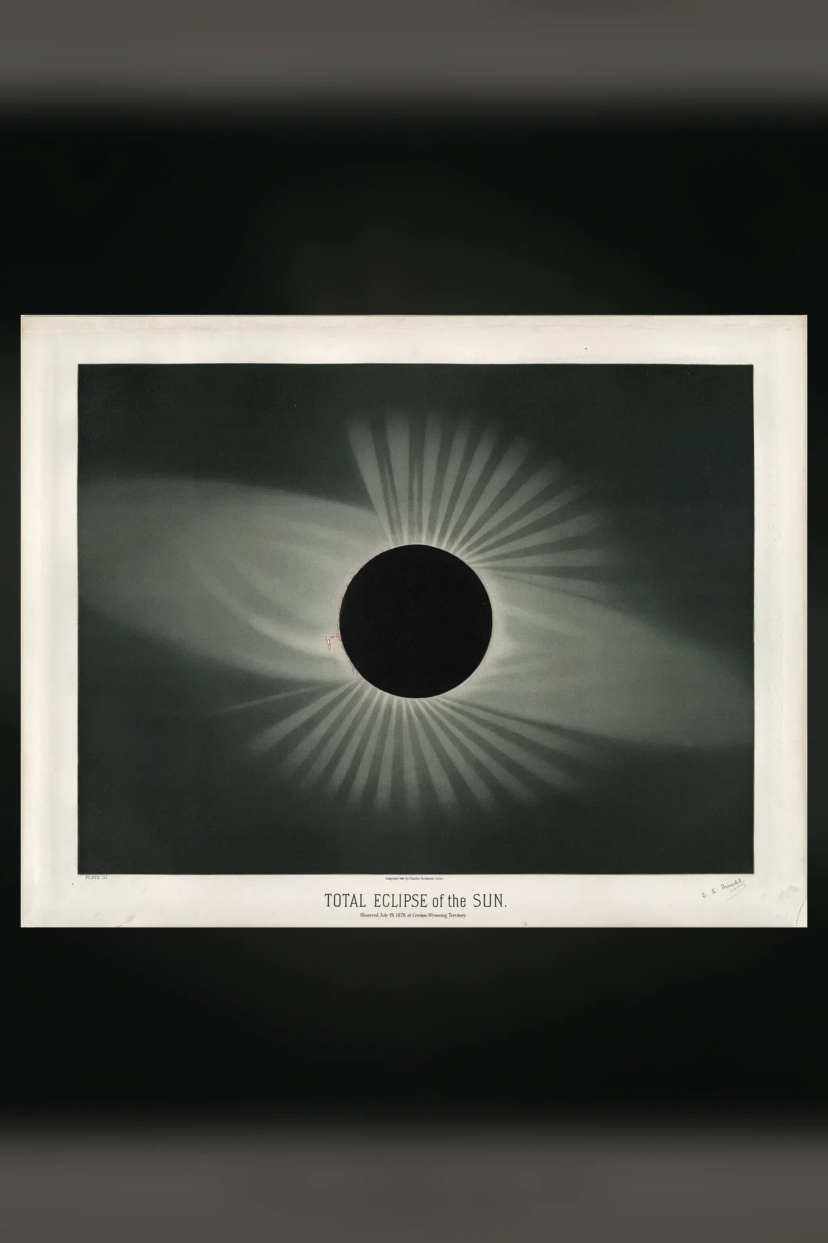 A lithograph of a total solar eclipse: a black disc ringed by white streamers of the corona on a dark grey sky, titled Total Eclipse of the Sun