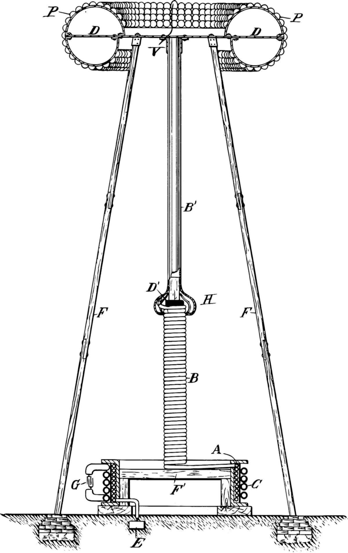 A patent line drawing of a tall tapering frame topped by a broad rounded terminal, with a coil inside and a connection into the ground at its base.