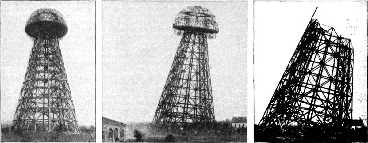 Three newspaper photographs in a row of the lattice tower: standing, leaning, and falling.