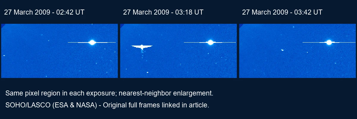 Three labeled crops comparing the same region before, during and after the March 2009 wing-shaped mark.