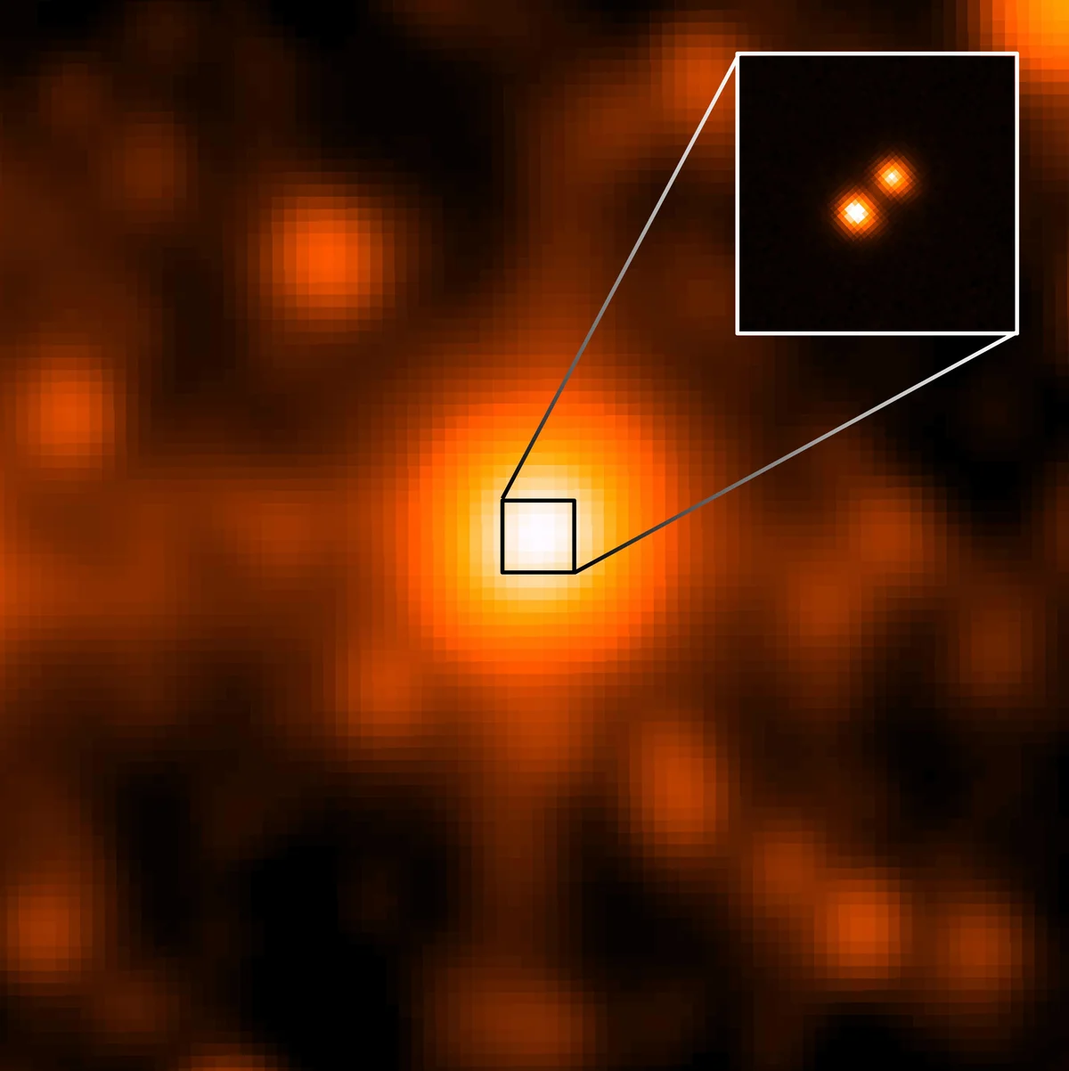 A blurry orange glow at the centre of a WISE infrared image, with an inset showing a sharper telescope view that splits it into two close points of light
