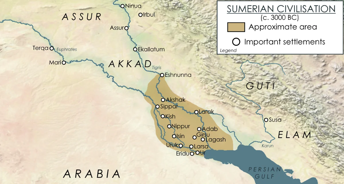A map of ancient Mesopotamia marking the cities of Sumer along the Tigris and Euphrates, among them Kish, Nippur, Uruk, Eridu and Ur near the head of the Persian Gulf.