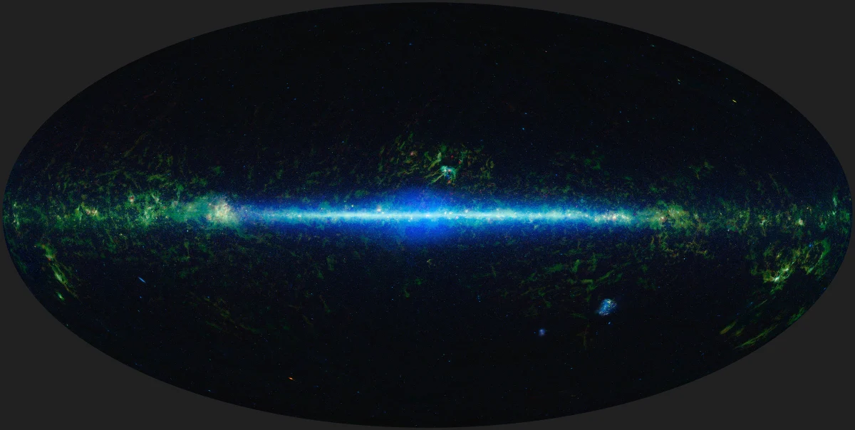 An oval map of the whole sky in infrared: a bright band of the Milky Way across the middle, glowing clouds of dust, and countless points of stars and galaxies.