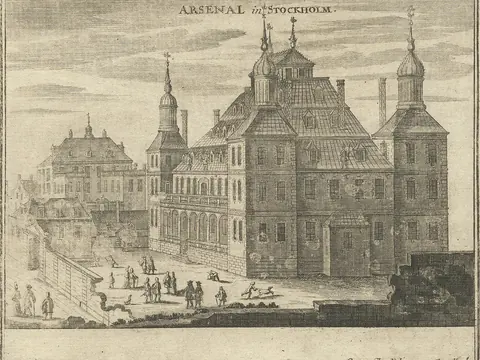 Old engraving headed Arsenal in Stockholm: a massive palace with steep roofs and domed corner towers, with small figures and a running dog in the yard before it.